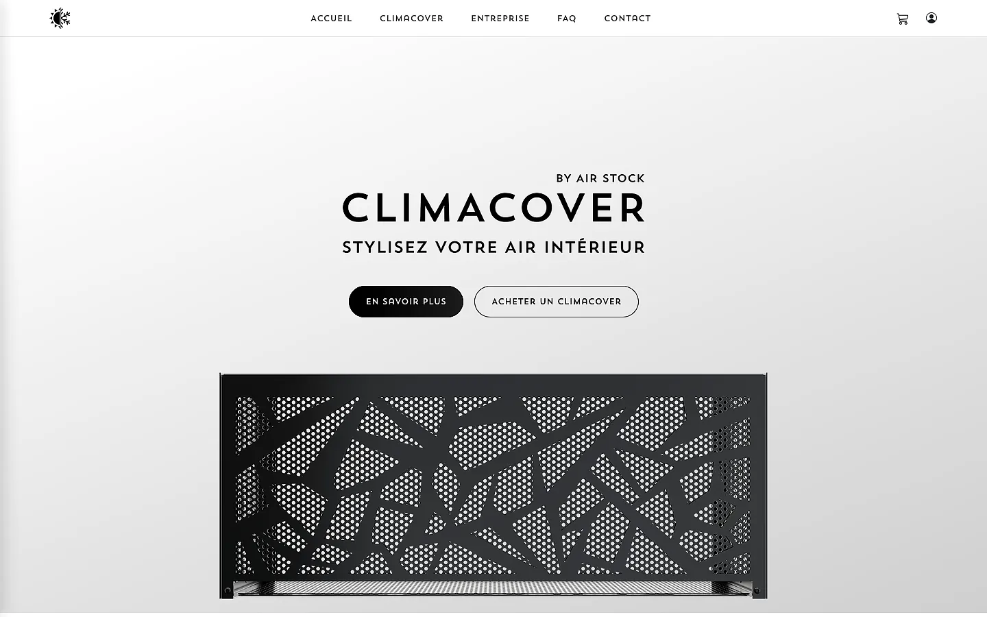 Page d'accueil du site Air Stock : le Climacover, cache de climatiseur intérieur design, au centre de l'écran