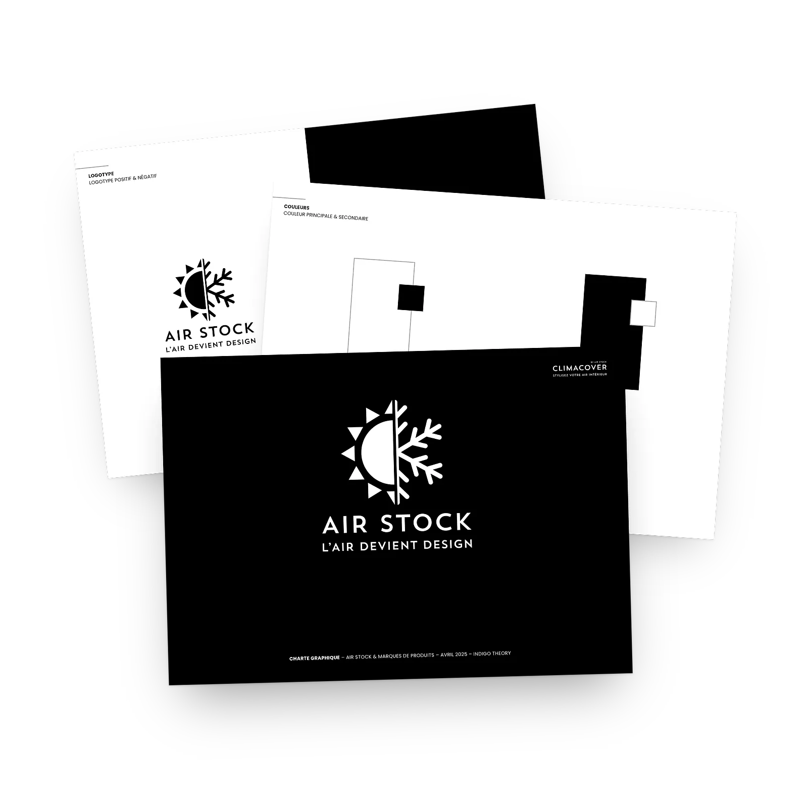 Charte graphique Air Stock : logotype en positif et en négatif, couleurs et signature « L'air devient design »