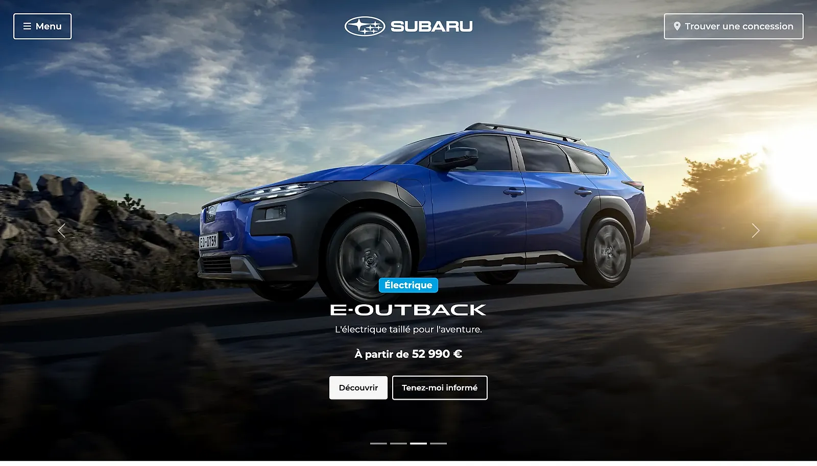 La page d'accueil du site Subaru France, avec le E-Outback électrique mis en avant
