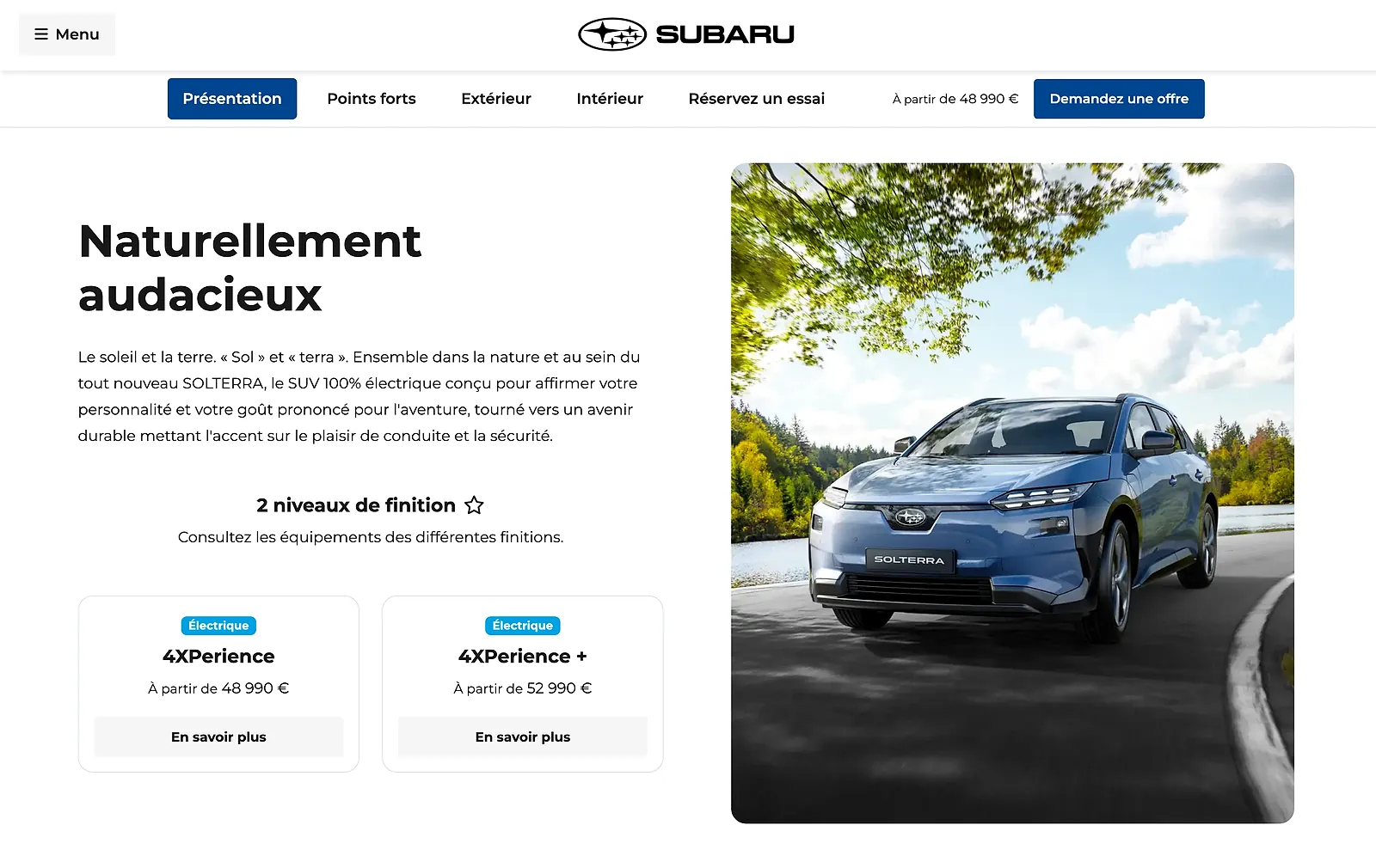 La fiche du modèle Solterra sur le site Subaru France : présentation, niveaux de finition et tarifs