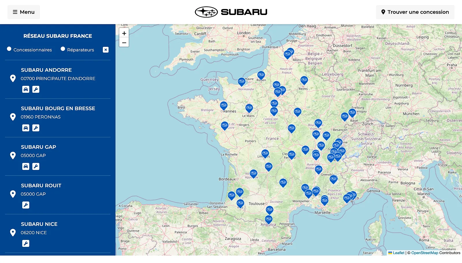 La carte interactive du réseau Subaru France : concessionnaires et réparateurs sur le territoire