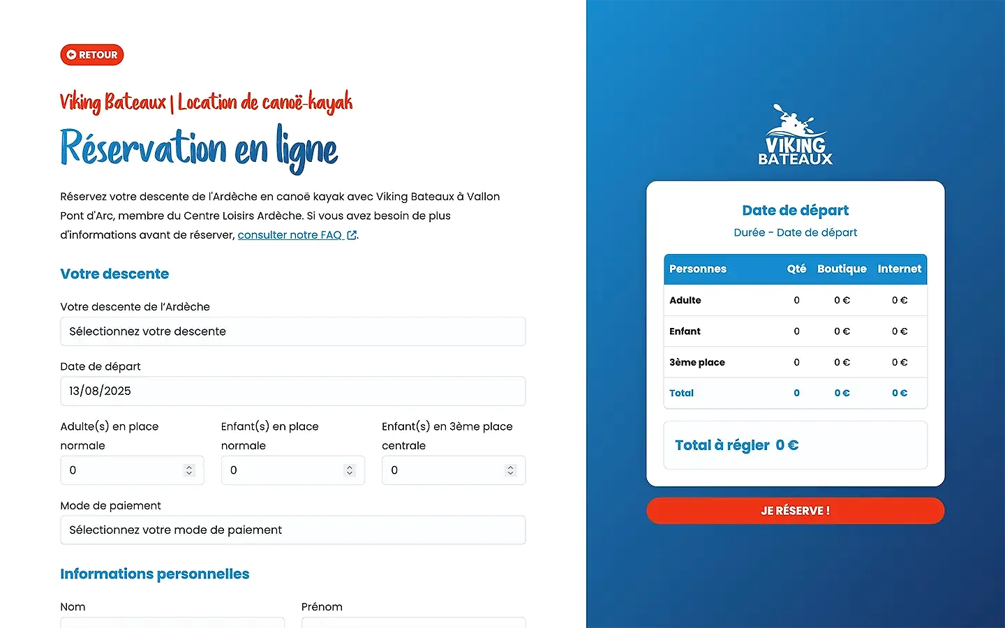 Parcours de réservation et paiement en ligne d'une descente sur le site Viking Bateaux